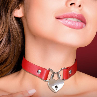 Cinderella Collar with Heart Lock Vegan Leather Red