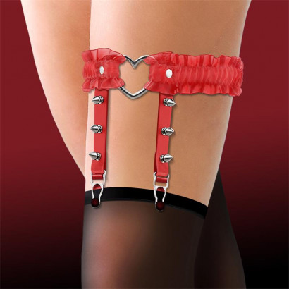 Cinderella Garter with Heart and Ruffles Vegan Leather Red